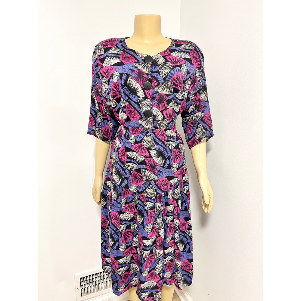 Shelly Michaels Vintage 80s Abstract Fan Print Button Front Midi Dress Purple L